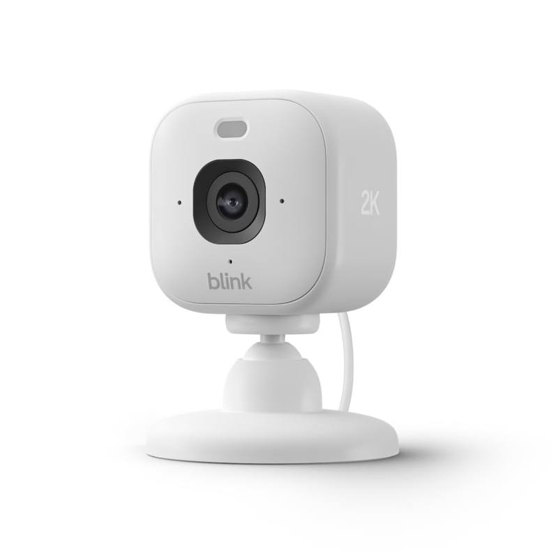 Cámara de seguridad Blink Mini 2K+ blanca sobre su soporte