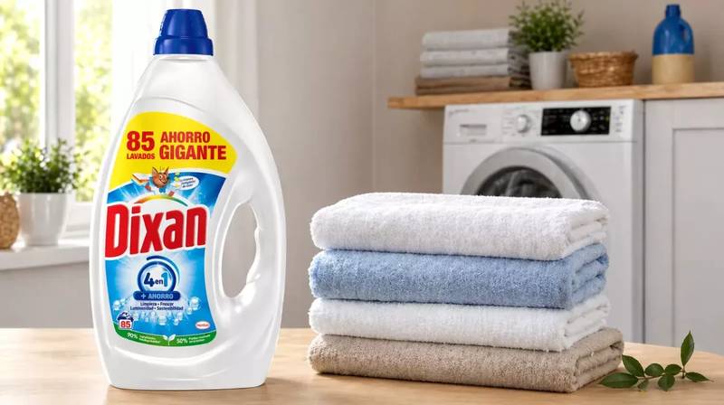 Botella de detergente Dixan Gel Total+ 4 en 1 para 85 lavados
