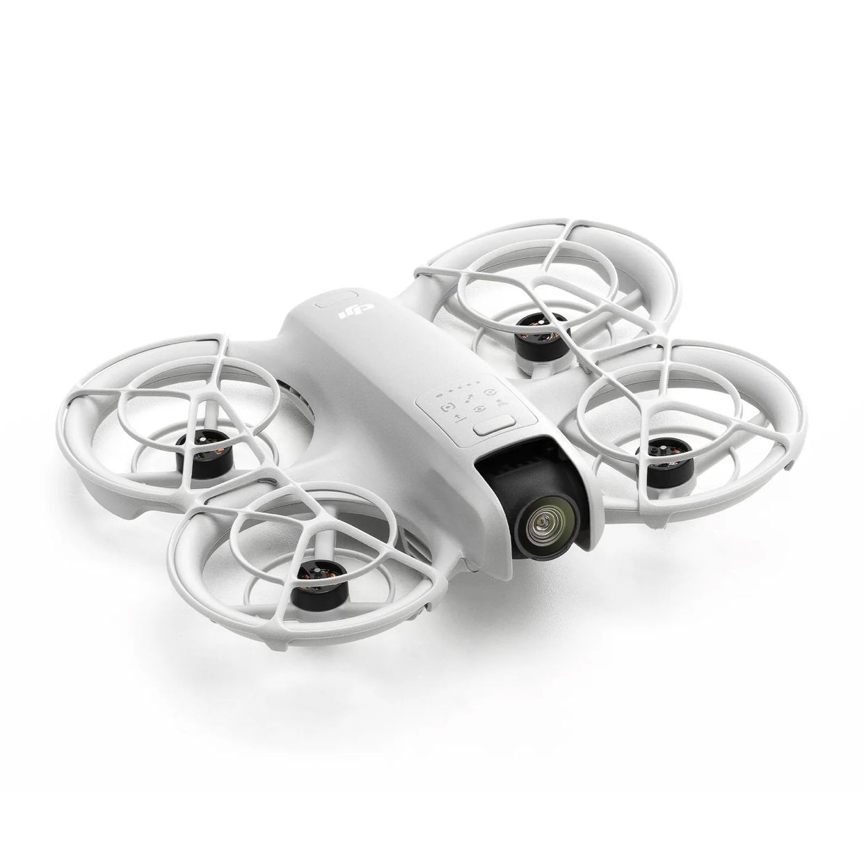 Dron compacto DJI Neo en color gris claro con protectores de hélices