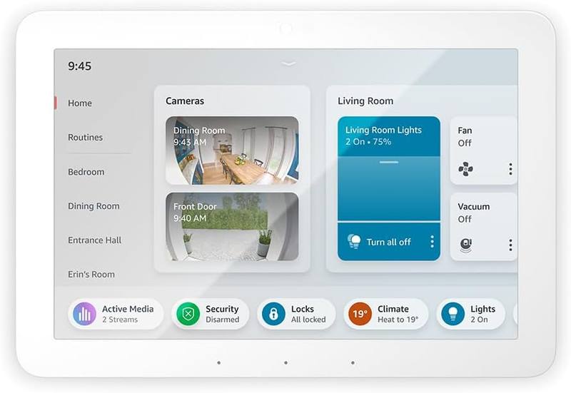 Panel de hogar digital Echo Hub de 8 pulgadas mostrando cámaras y controles de luces