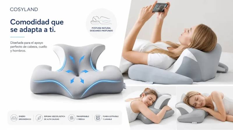 Almohada ergonómica Cosyland con funda transpirable y hueco para las orejas