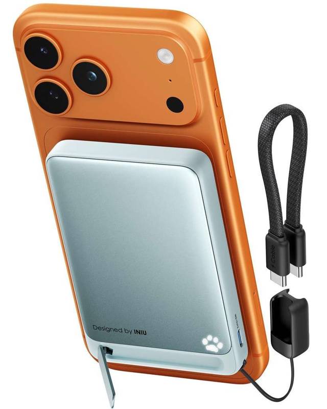 Batería portátil magnética INIU de 10.000 mAh con carga Qi2 y soporte plegable