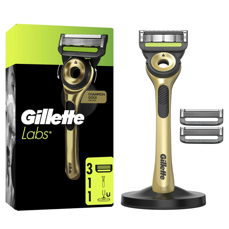Maquinilla GilletteLabs Champion Gold Edition dorada con base y tres recambios