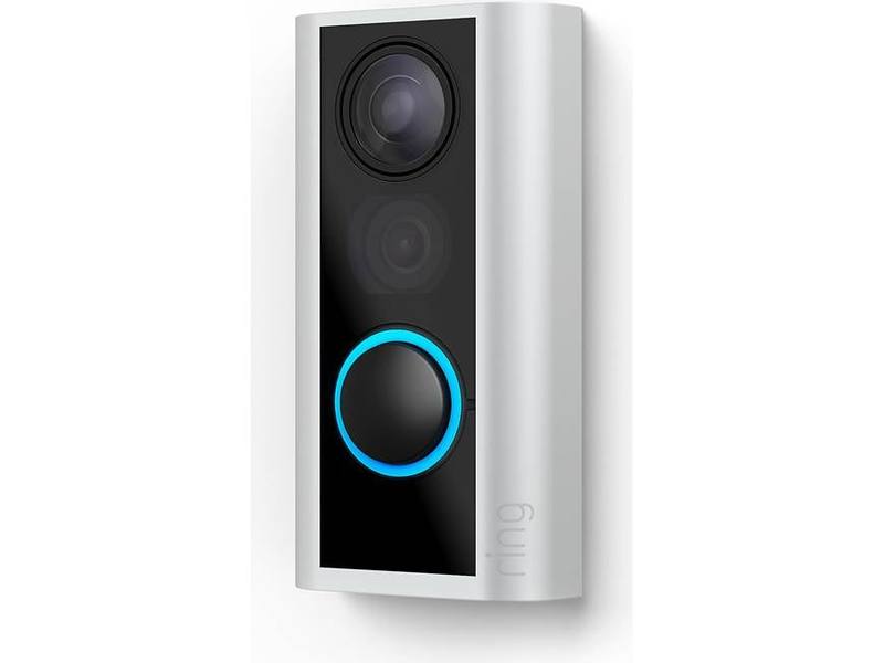 Mirilla digital Ring Door View Cam en plata con cámara y botón de timbre con aro azul